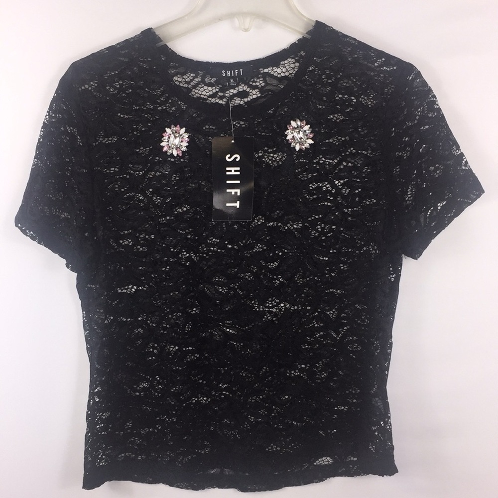 Sheer Floral Lace Black Top Size XL
